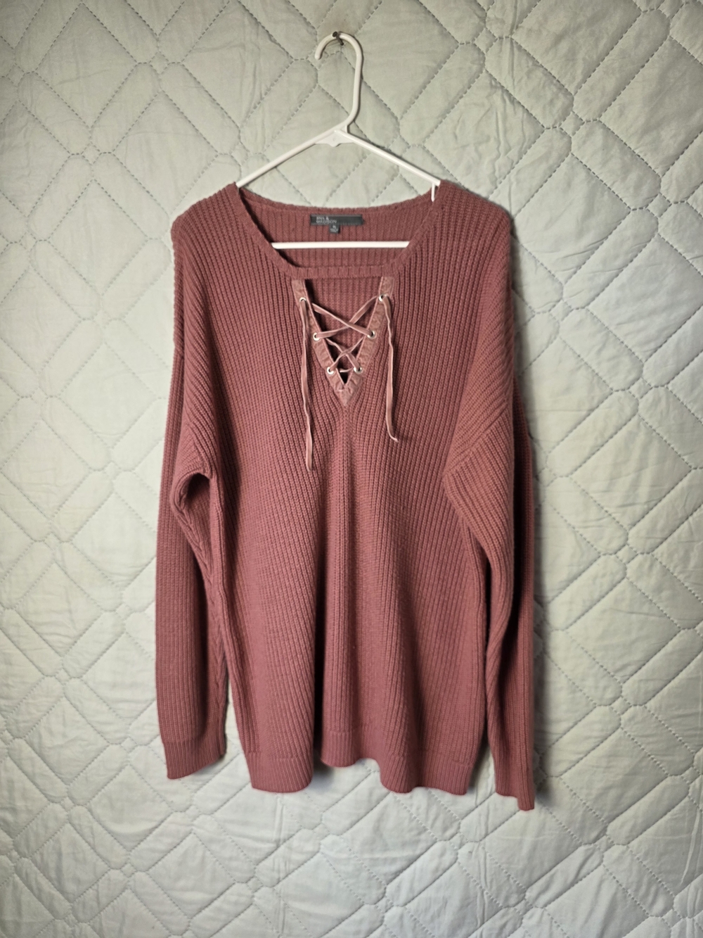 89th & Madison Lace-Up Ribbed Sweater-Shirt Dusty Rose Sz XL